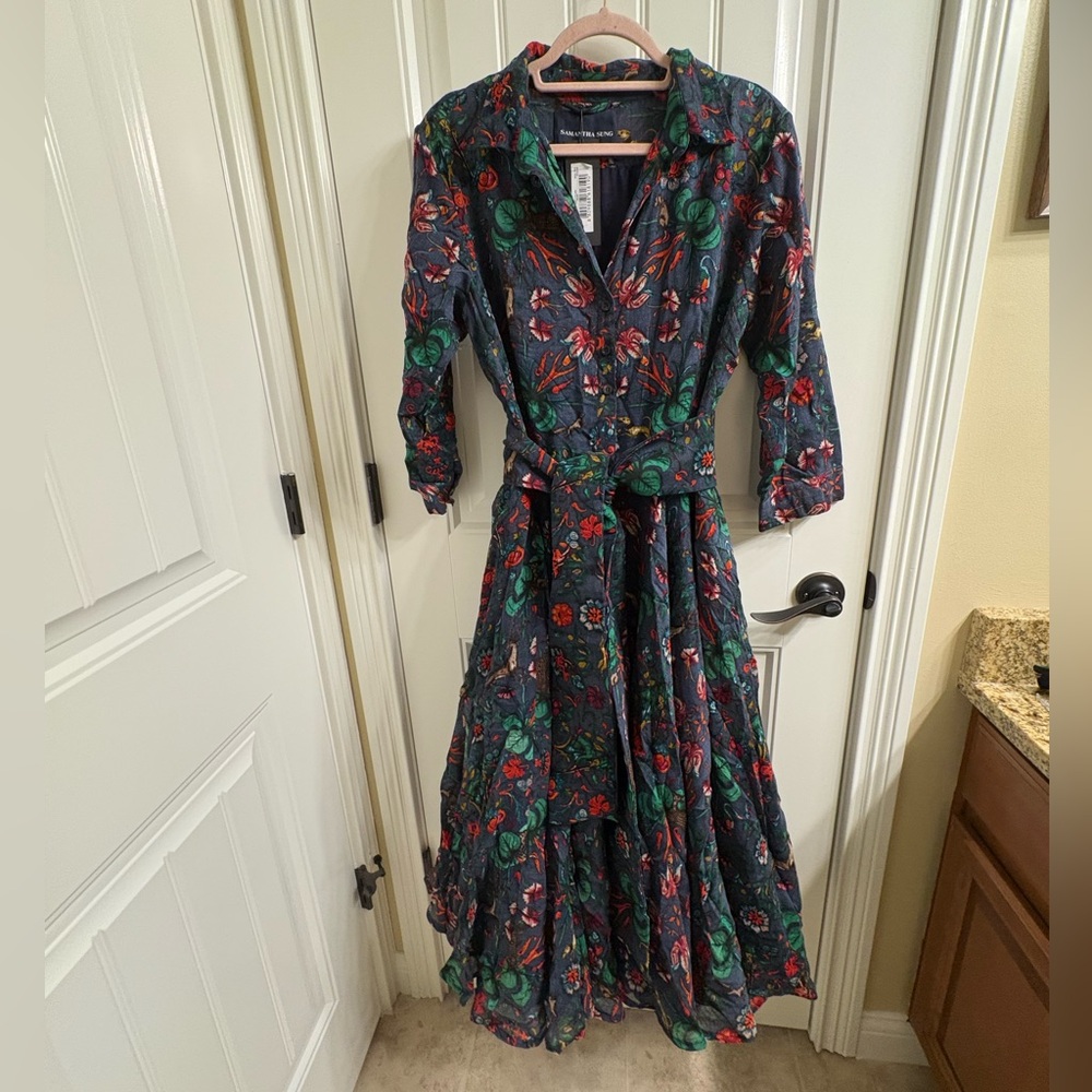 NWT Samantha Sung Aster Midi Shirt Dress Deer Stalker Indigo Print Wool Size 10
